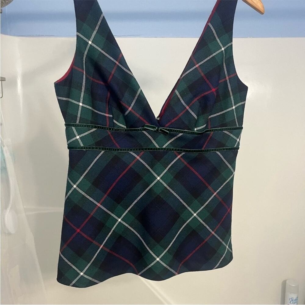 Vintage J. Crew Tartan Wool Green and Blue Plaid V-Neck Blouse Top - Picture 2 of 4